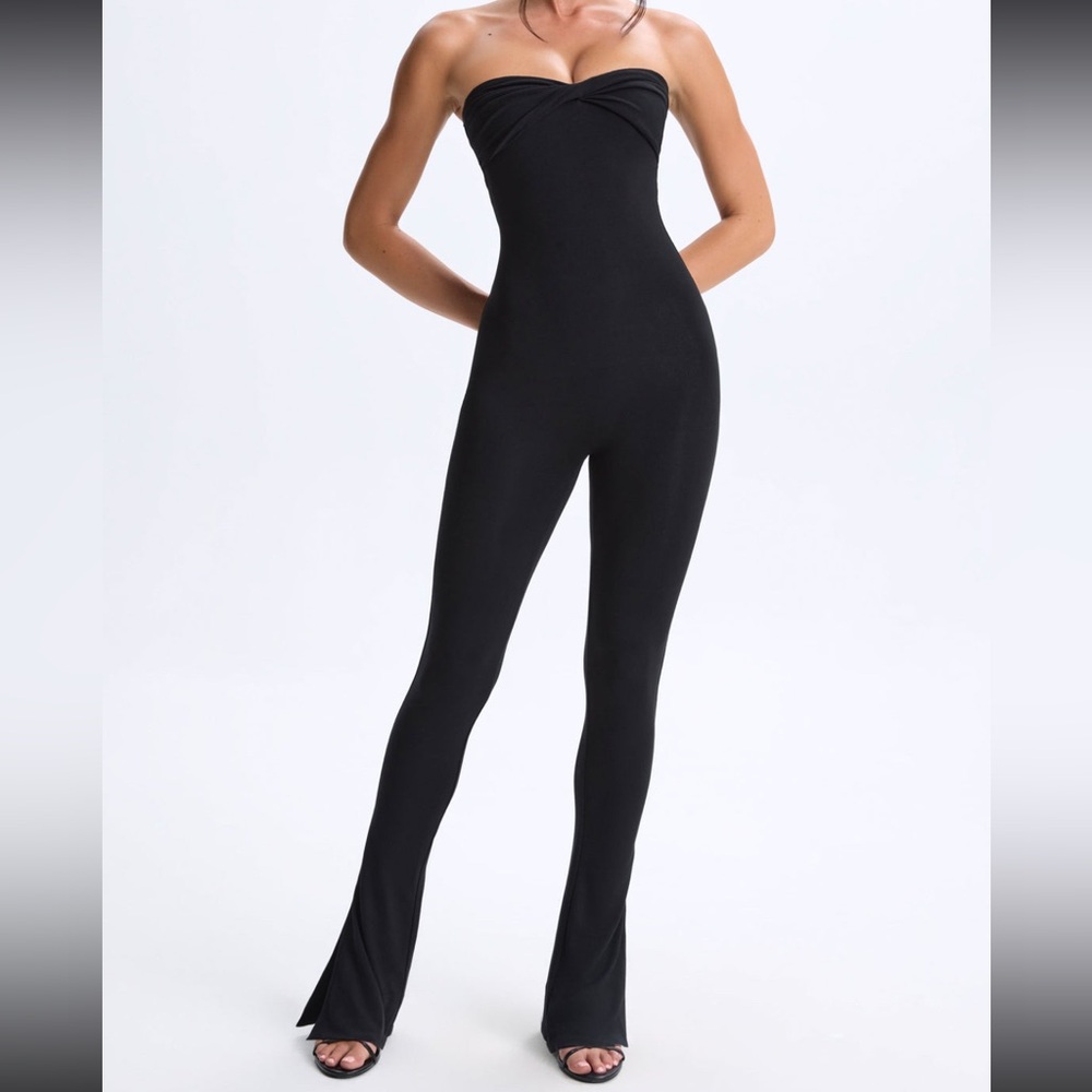 Twist-Front Split Hem Flared Jumpsuit in Black